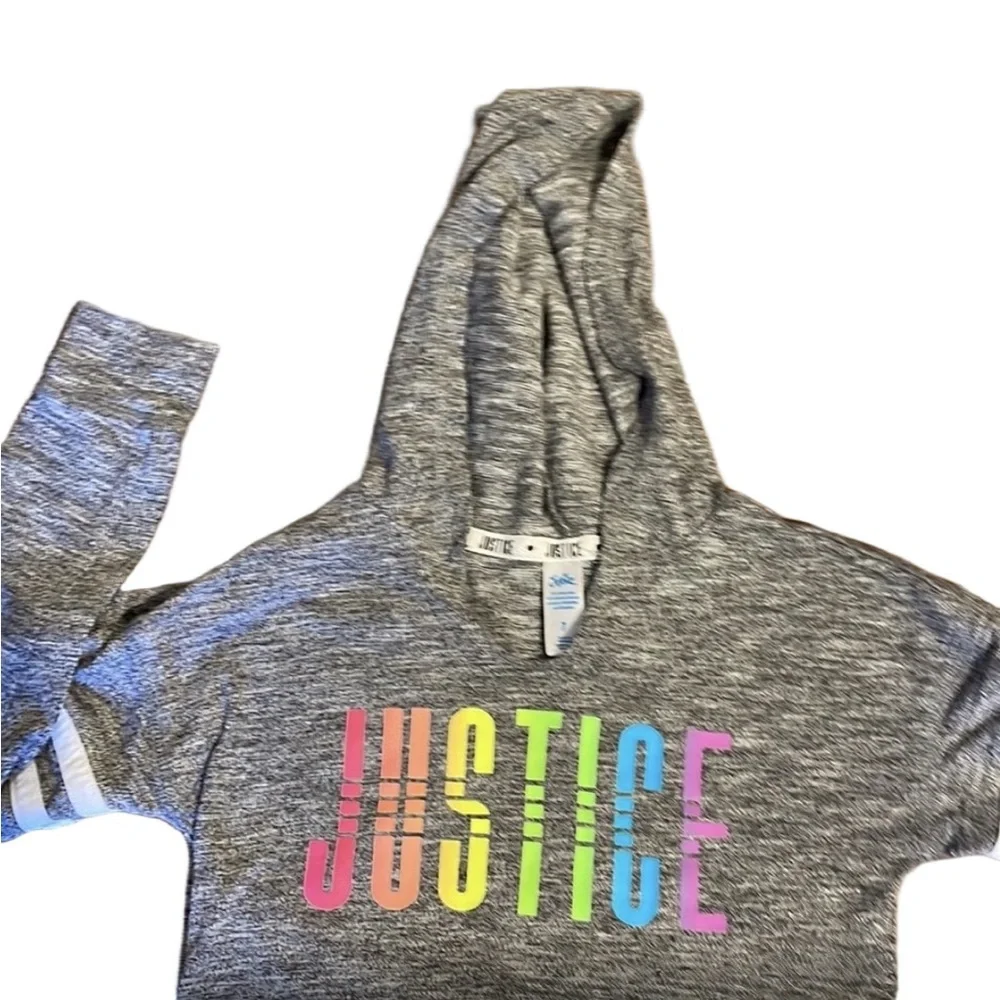 Justice Girls Gray Rainbow Logo Hoodie Sweatshirt Size 7 Striped Sleeve Pullover